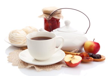 çay ve ev yapımı reçel, üzerinde beyaz izole ile hafif Kahvaltı