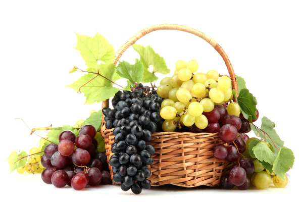 assortment of ripe sweet grapes in basket, isolated on white