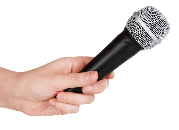 Microfone preto na mão isolado em branco — Fotografia de Stock