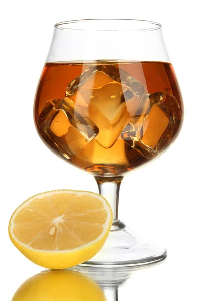 Glass of brandy with ice and lemon isolated on white — Stock Photo, Image