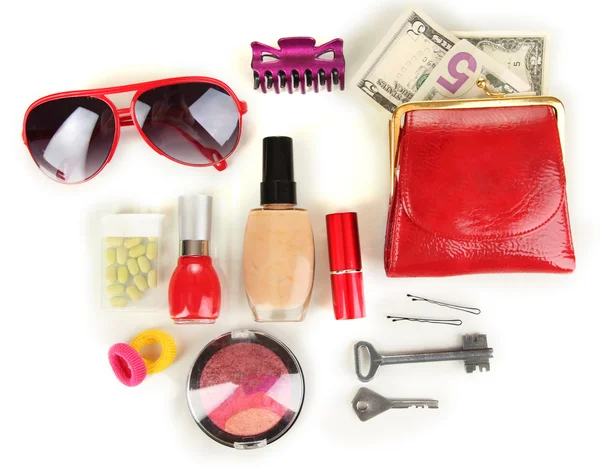 Gegenstände in der Damenhandtasche isoliert auf weiß — Stockfoto