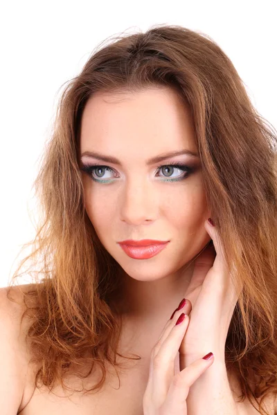 Krásná mladá žena s světlý make-up izolovaných na bílém — Stock fotografie