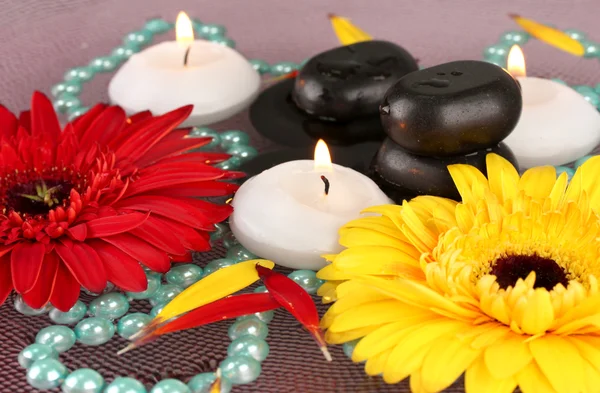 Pedras de spa com flores e velas em água na placa — Fotografia de Stock