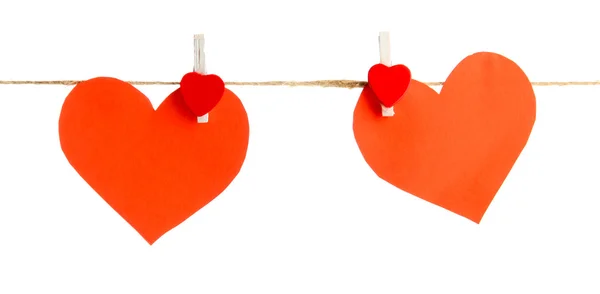Two paper hearts on rope, isolated on white — Stock Photo, Image