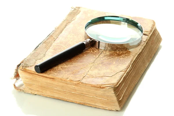 Magnifying glass and book isolated on white — Stock Photo, Image