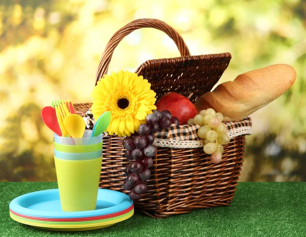 Picnic basket and tableware on grass on bright background — Stock Photo, Image