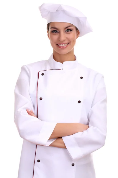 Portrait de jeune femme chef isolée sur blanc — Photo