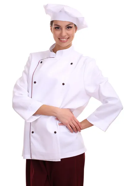 Portrait of young woman chef isolated on white — Stock Photo, Image