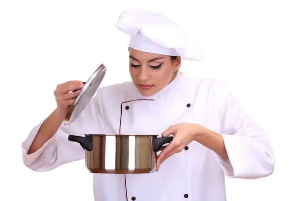 Portrét mladé ženy šéfkuchař pan izolovaných na bílém — Stock fotografie
