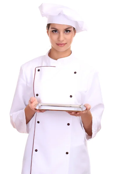 Retrato de jovem chef com bandeja isolada em branco — Fotografia de Stock