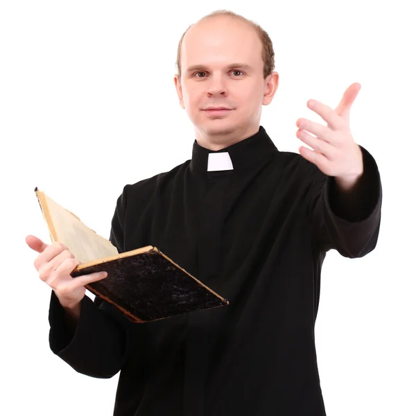 Young pastor with Bible, isolated on white — Stock Photo, Image