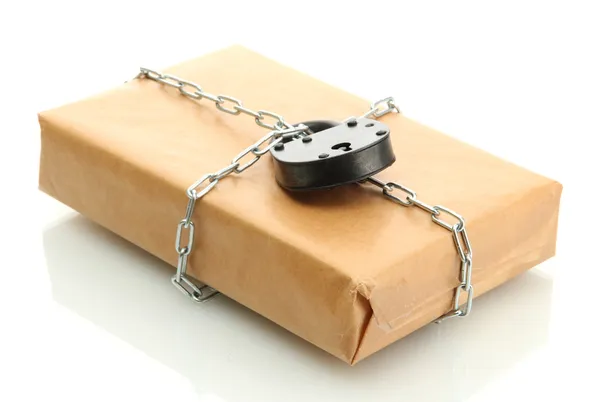 Parcel with chain and padlock, isolated on white — Stock Photo, Image