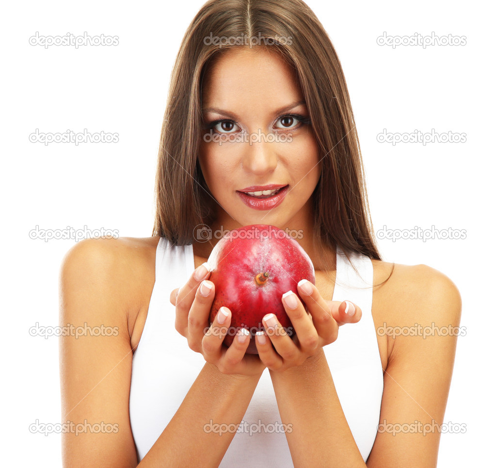 eautiful young woman with mango, isolated on white