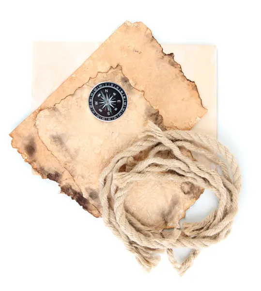 Старий папір з компасом і мотузкою ізольовано на білому — стокове фото