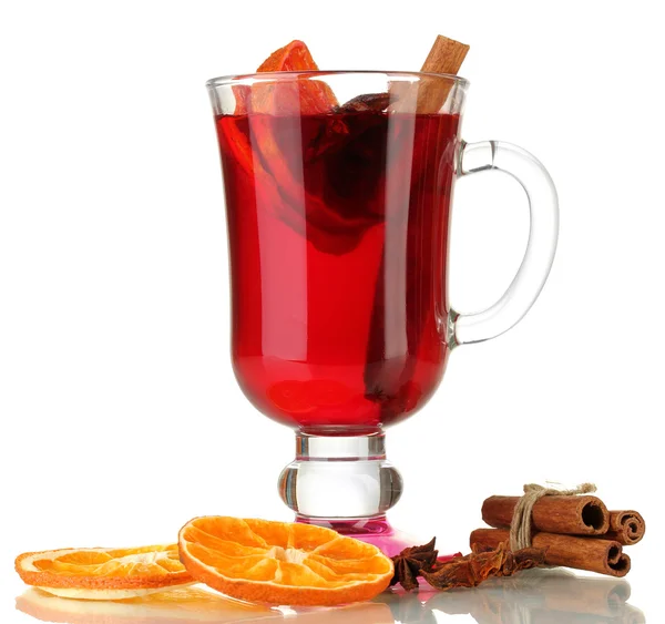 Fragrant mulled wine in glass isolated on white — Stock Photo, Image