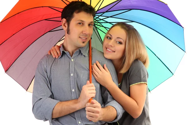 Loving couple with umbrella isolated on white — Stock Photo, Image