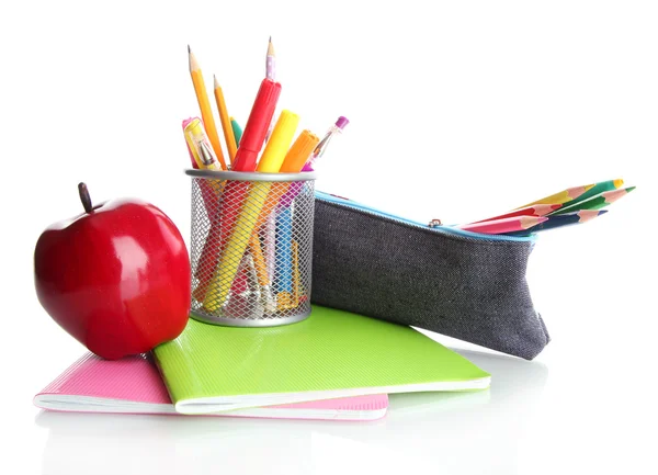 Pencil box with school equipment and apple isolated on white — Stock Photo, Image