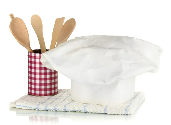 キッチン タオル、白で隔離されるスプーンとシェフの帽子 — ストック写真