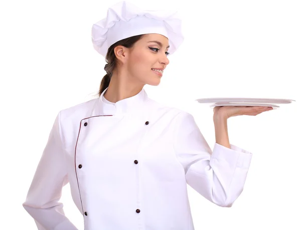 Portret van een jonge vrouw chef-kok met lade geïsoleerd op wit — Stockfoto