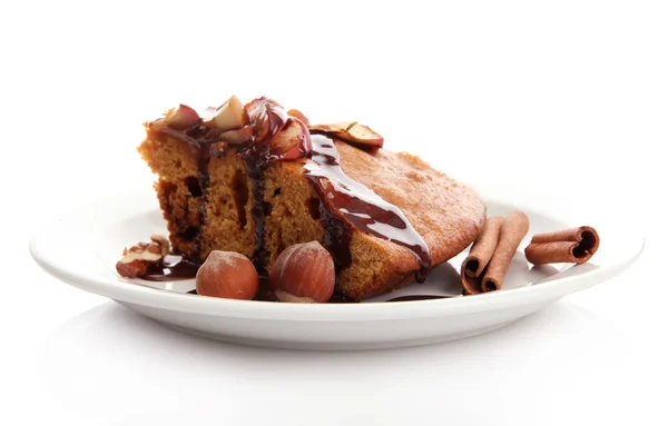 Slice of tasty homemade pie with chocolate, isplated on white — Stock Photo, Image