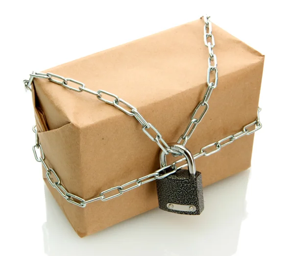 Parcel with chain and padlock, isolated on white — Stock Photo, Image