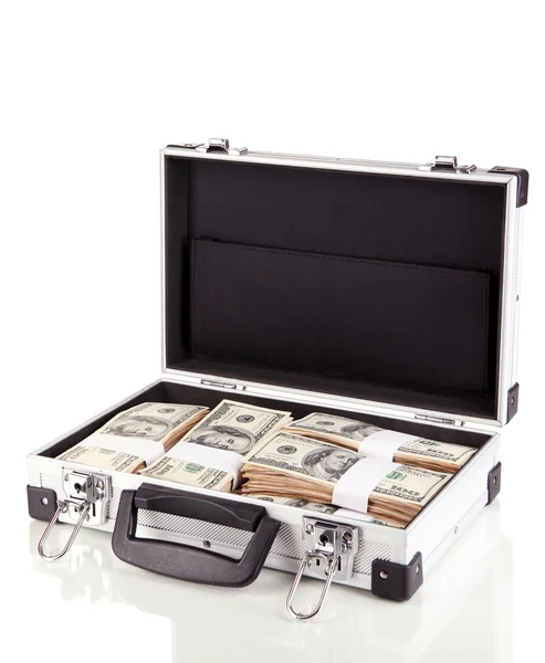 Suitcase with 100 dollar bills isolated on white — Stock Photo, Image