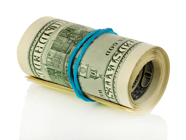 Pacote trançado 100 notas de dólar isoladas em branco — Fotografia de Stock