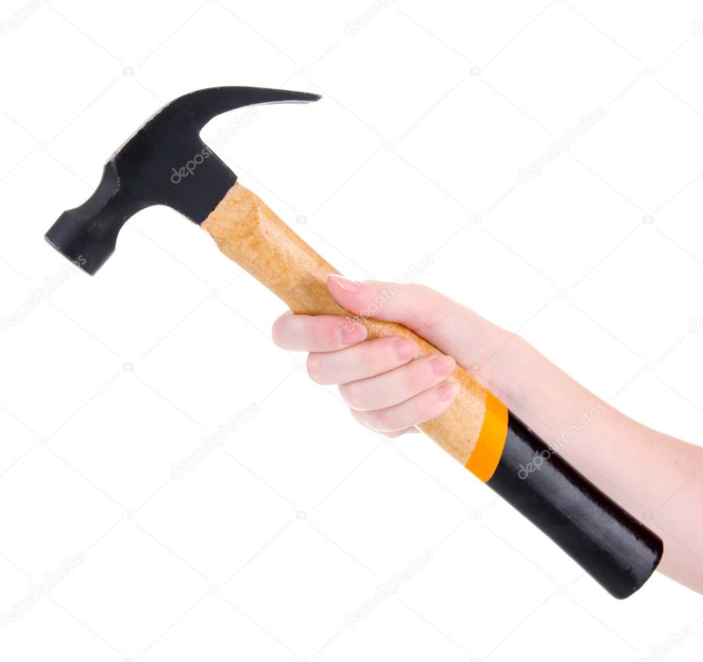 Hammer in woman hand, isolated on white