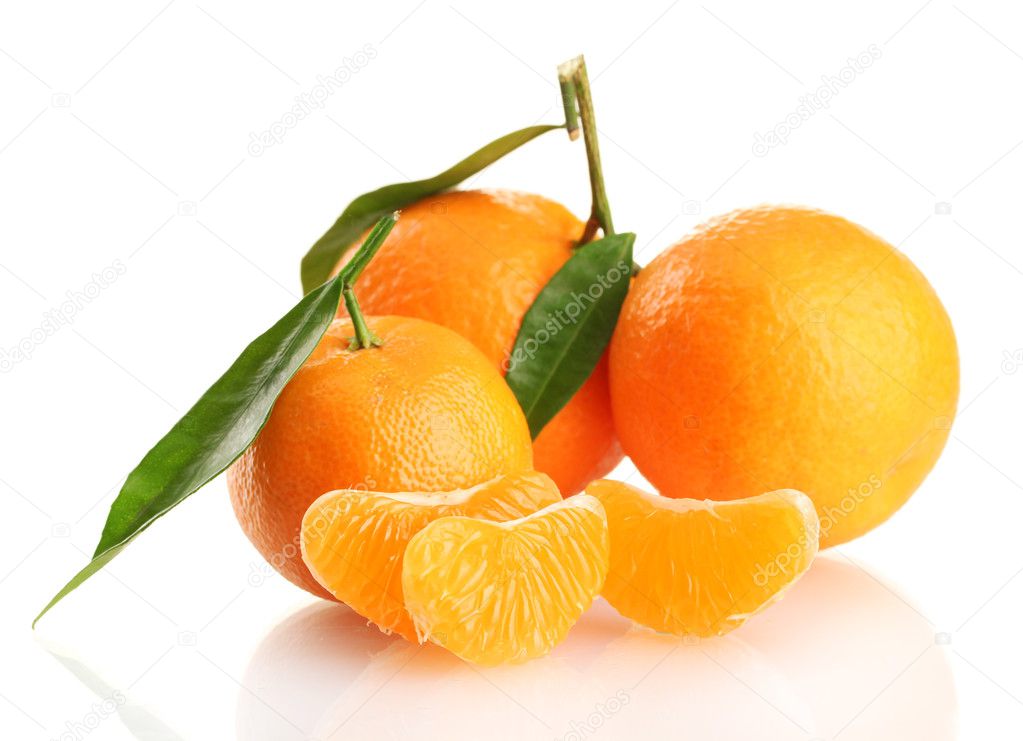 Ripe sweet tangerine with leaves, isolated on white