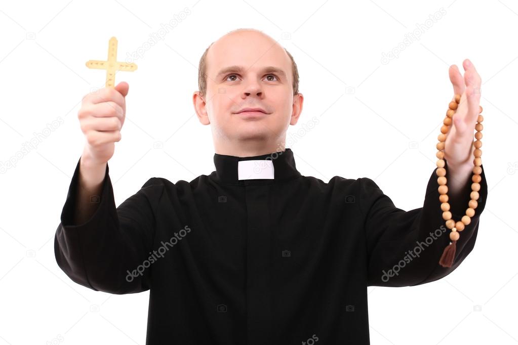Young pastor with wooden cross and rosary, isolated on white