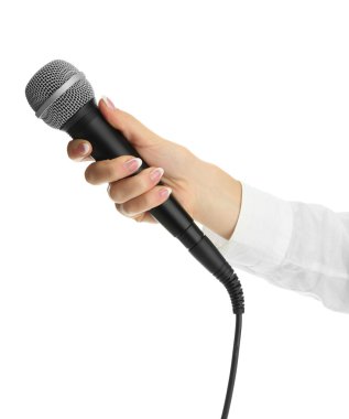 el ile üzerine beyaz izole mikrofon
