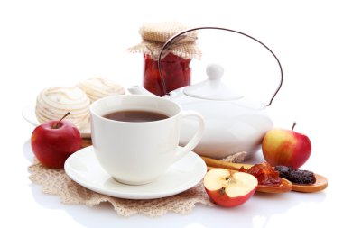 çay ve ev yapımı reçel, üzerinde beyaz izole ile hafif Kahvaltı
