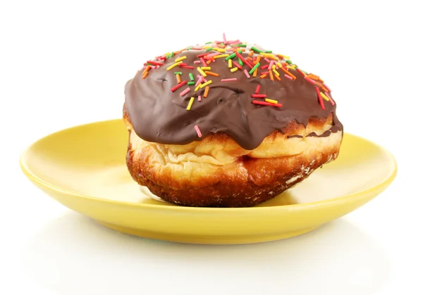 Sabroso donut en la placa de color aislado en blanco —  Fotos de Stock