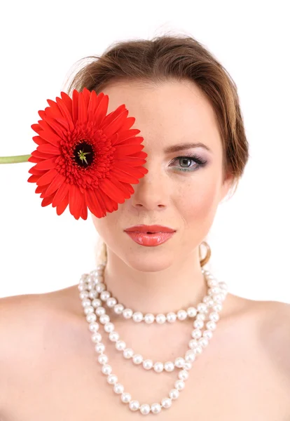 Beautiful young woman with bright make-up, holding flower, isolated on white — Stock Photo, Image