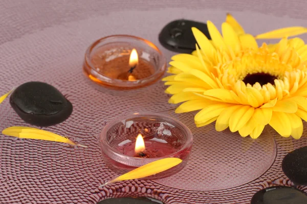 Çiçek ve mum tabakta su Spa taşlar — Stok fotoğraf