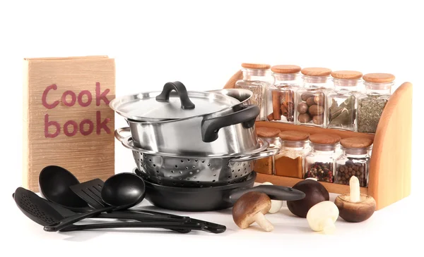 Composition of kitchen tools,spices and vegetables isolated on white — Stock Photo, Image