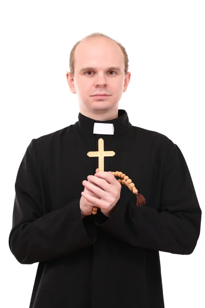 Young pastor with wooden cross and rosary, isolated on white — Stock Photo, Image