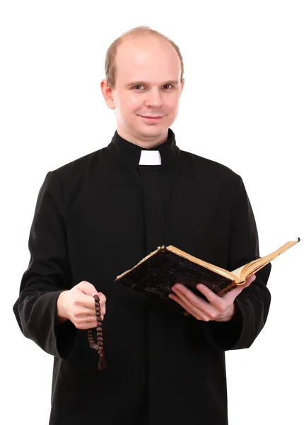 Young pastor with rosary and Bible, isolated on white — Stock Photo, Image