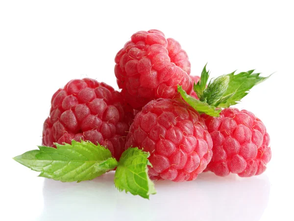 Ripe raspberries with mint isolated on white — Stock Photo, Image