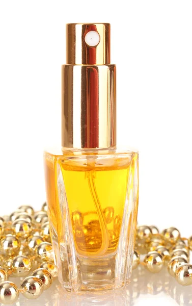 Kvinders parfume i smuk flaske og perler, isoleret på hvid - Stock-foto