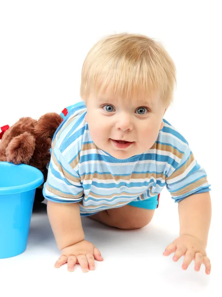 Liten pojke med Björn, isolerad på vit — Stockfoto