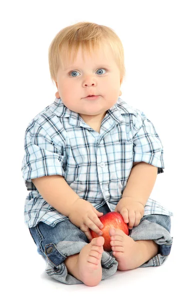 Niño pequeño con manzana roja, aislado en blanco —  Fotos de Stock