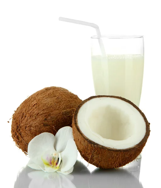 Coconuts with glass of milk, isolated on white — Stock Photo, Image