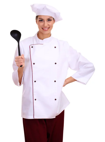 Portrait de jeune femme chef avec louche isolée sur blanc — Photo