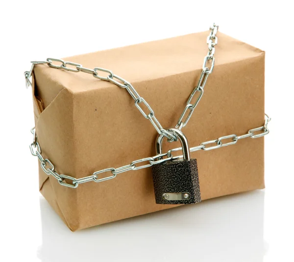 Parcel with chain and padlock, isolated on white — Stock Photo, Image