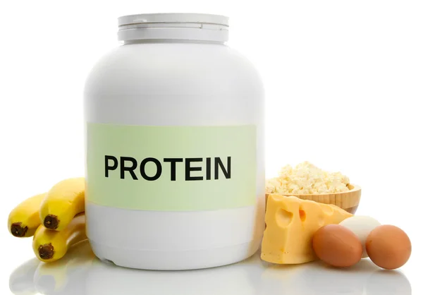 Jar of protein powder and food with protein, isolated on white — Stock Photo, Image