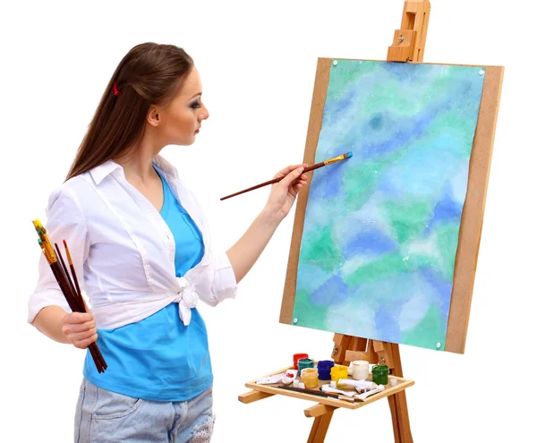 Beautiful young woman painter at work, isolated on white — Stock Photo, Image