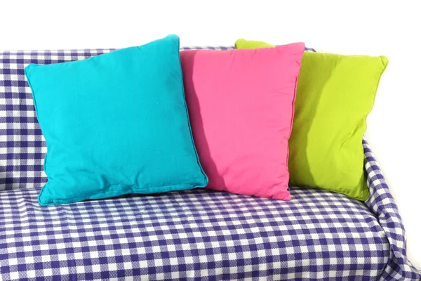 Colorful pillows on couch isolated on white — Stock Photo, Image