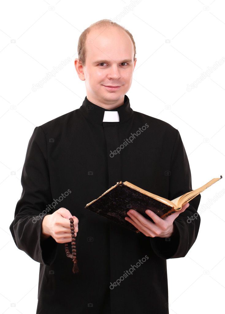 Young pastor with rosary and Bible, isolated on white