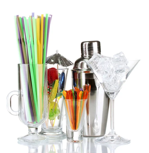 Cocktail shaker and other bartender equipment isolated on white — Stock Photo, Image